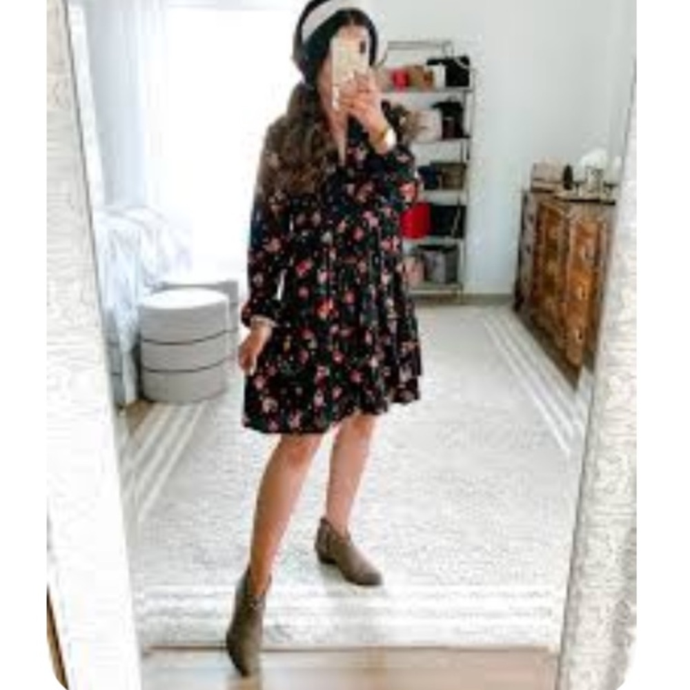 Black and Pink Long Sleeve Sundress with Bishop Sleeves